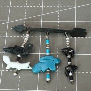 Vintage Southwestern Sterling Silver Turquoise Drop Dangle Animal Fetish Arrow